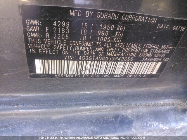 4S3GTAD60J3743655 - 2018 SUBARU IMPREZA PREMIUM PLUS GRAY photo 9