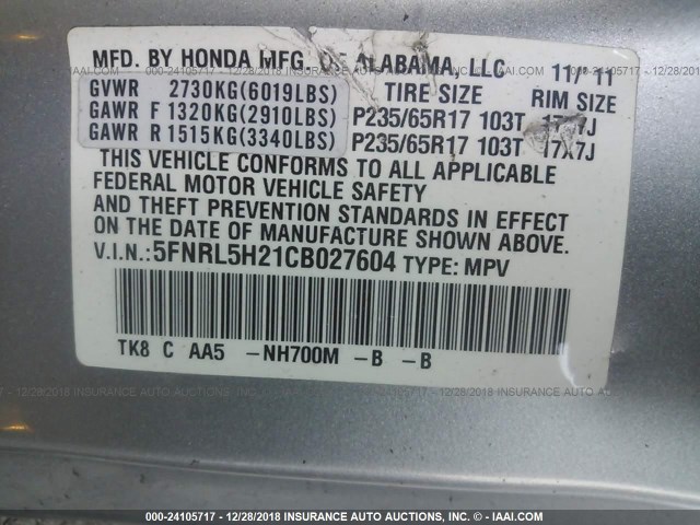 5FNRL5H21CB027604 - 2012 HONDA ODYSSEY LX SILVER photo 9