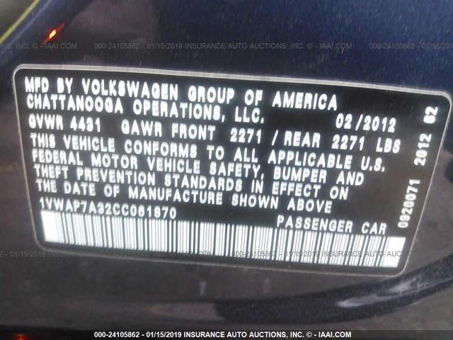 1VWAP7A32CC061870 - 2012 VOLKSWAGEN PASSAT S BLUE photo 9