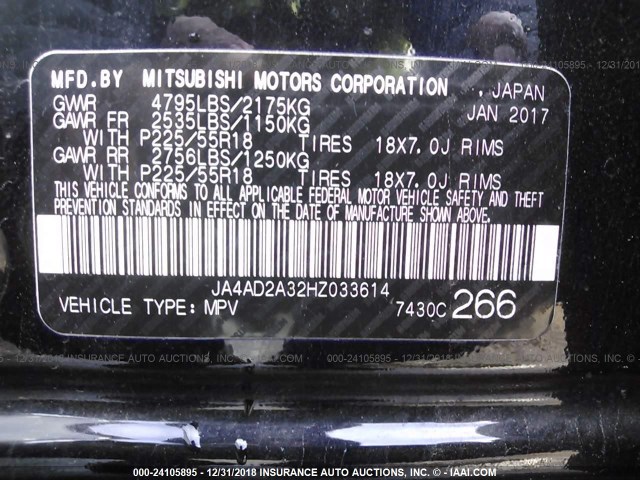 JA4AD2A32HZ033614 - 2017 MITSUBISHI OUTLANDER ES BLACK photo 9