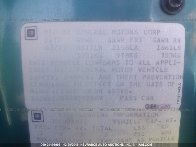 1G2NE15D0SM592587 - 1995 PONTIAC GRAND AM SE GREEN photo 9