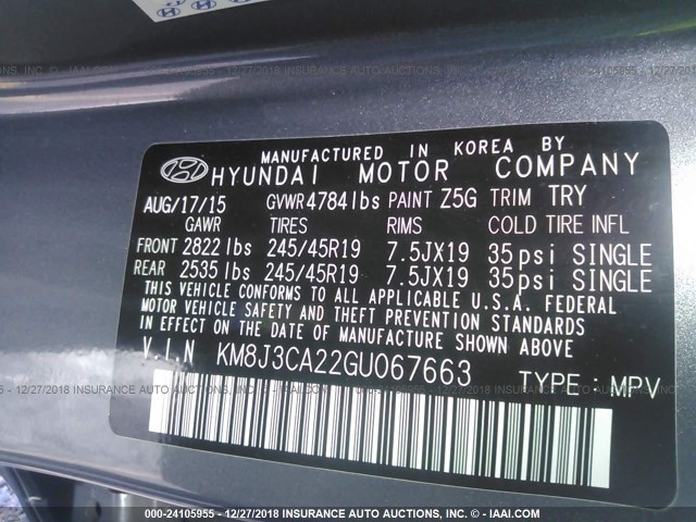 KM8J3CA22GU067663 - 2016 HYUNDAI TUCSON LIMITED/SPORT AND ECO/SE GRAY photo 9