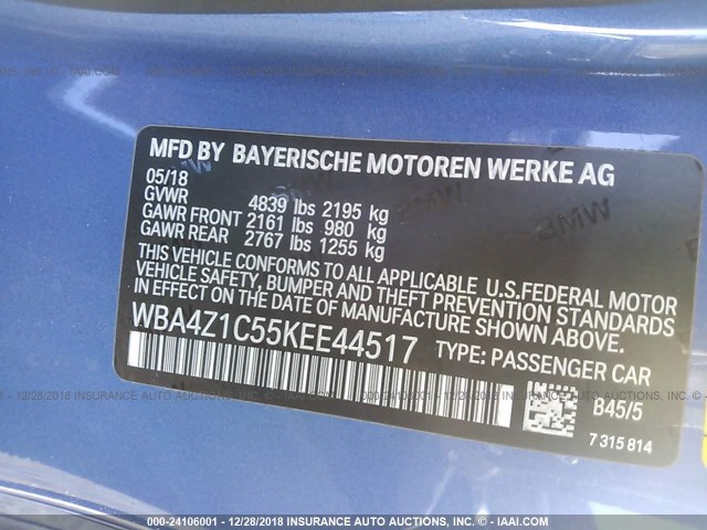 WBA4Z1C55KEE44517 - 2019 BMW 430I BLUE photo 9