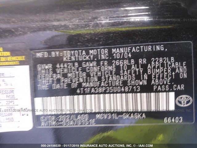 4T1FA38P35U048713 - 2005 TOYOTA CAMRY SOLARA SE/SLE BLACK photo 9