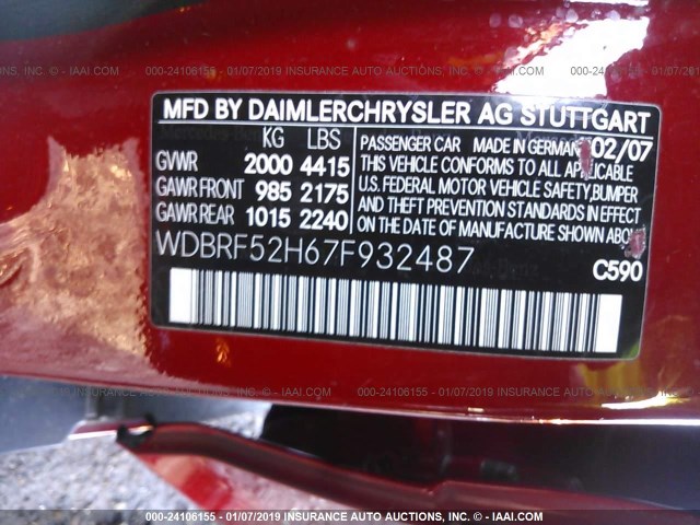 WDBRF52H67F932487 - 2007 MERCEDES-BENZ C 230 RED photo 9