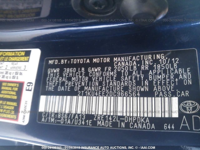2T1KU4EE2DC966564 - 2013 TOYOTA COROLLA MATRIX  BLUE photo 9