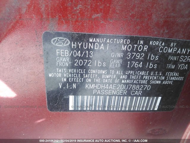 KMHDH4AE2DU788270 - 2013 HYUNDAI ELANTRA GLS/LIMITED RED photo 9