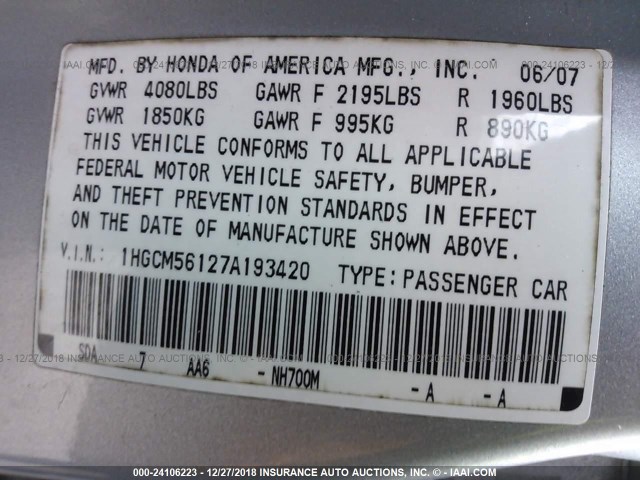 1HGCM56127A193420 - 2007 HONDA ACCORD VALUE SILVER photo 9