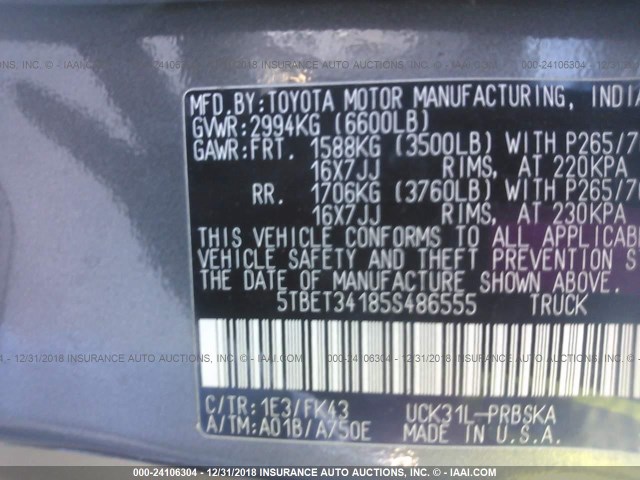 5TBET34185S486555 - 2005 TOYOTA TUNDRA DOUBLE CAB SR5 GRAY photo 9