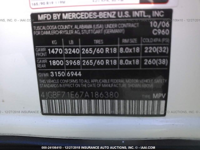 4JGBF71E67A186380 - 2007 MERCEDES-BENZ GL 450 4MATIC WHITE photo 9