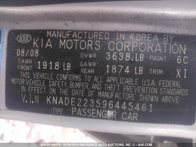 KNADE223596445461 - 2009 KIA RIO LX/SX SILVER photo 9