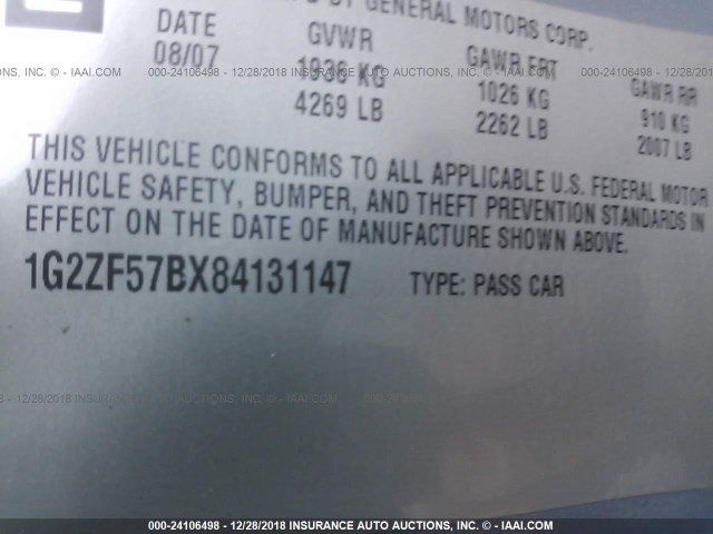 1G2ZF57BX84131147 - 2008 PONTIAC G6 VALUE LEADER/BASE BLUE photo 9