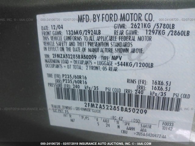 2FMZA52285BA50209 - 2005 FORD FREESTAR SEL GREEN photo 9