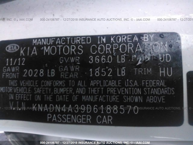 KNADN4A39D6188570 - 2013 KIA RIO EX/SX WHITE photo 9