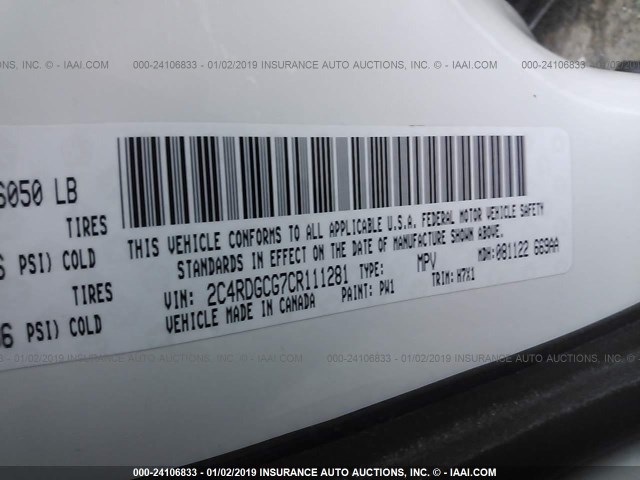 2C4RDGCG7CR111281 - 2012 DODGE GRAND CARAVAN SXT WHITE photo 9