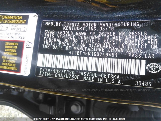 4T1BF1FK1GU249461 - 2016 TOYOTA CAMRY LE/XLE/SE/XSE Light Blue photo 9