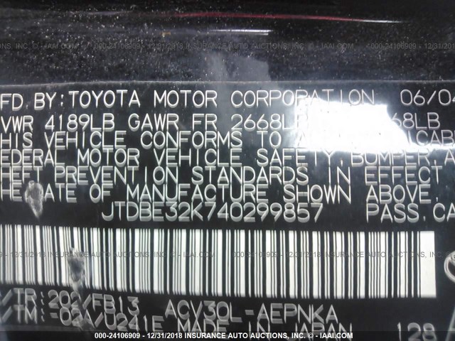 JTDBE32K740299857 - 2004 TOYOTA CAMRY LE/XLE BLACK photo 9