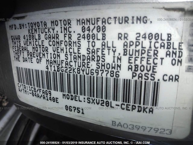 4T1BG22K8YU697786 - 2000 TOYOTA CAMRY CE/LE/XLE SILVER photo 9