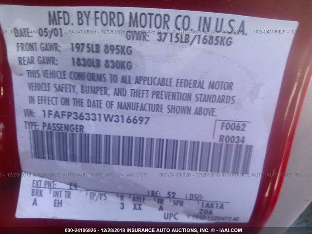 1FAFP36331W316697 - 2001 FORD FOCUS SE/SE COMFORT RED photo 9