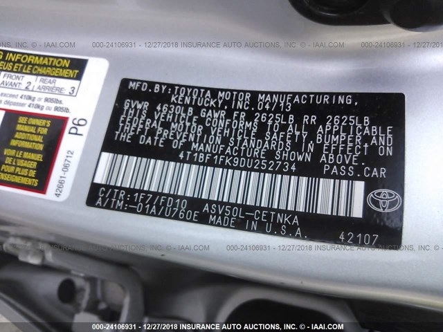 4T1BF1FK9DU252734 - 2013 TOYOTA CAMRY L/SE/LE/XLE 银色 照片 9
