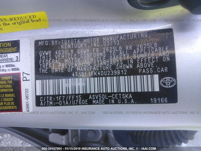 4T1BF1FK4DU239812 - 2013 TOYOTA CAMRY L/SE/LE/XLE 银色 照片 9