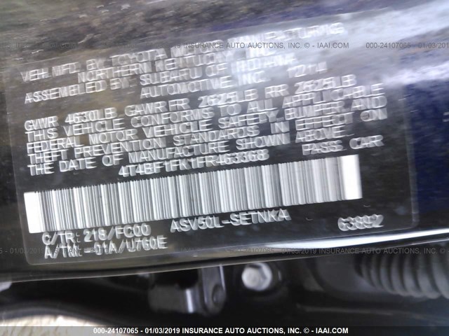 4T4BF1FK1FR463368 - 2015 TOYOTA CAMRY LE/XLE/SE/XSE შავი ფოტო 9