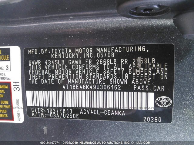 4T1BE46K49U306162 - 2009 TOYOTA CAMRY SE/LE/XLE GRAY photo 9