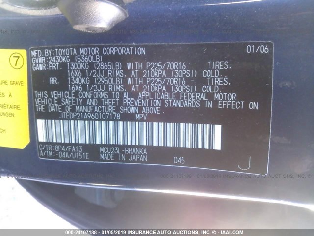 JTEDP21A960107178 - 2006 TOYOTA HIGHLANDER LIMITED BLUE photo 9