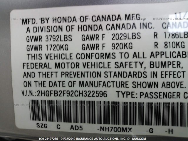 2HGFB2F92CH322596 - 2012 HONDA CIVIC EXL SILVER photo 9