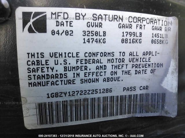 1G8ZY12722Z251286 - 2002 SATURN SC2 SILVER photo 9