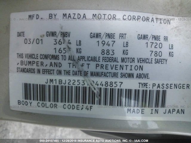 JM1BJ225310448857 - 2001 MAZDA PROTEGE LX/ES შამპანური ფოტო 9