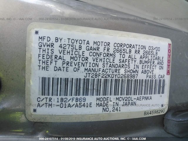 JT2BF22K0Y0268987 - 2000 TOYOTA CAMRY CE/LE/XLE GRAY photo 9