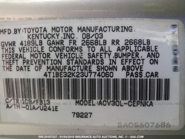 4T1BE32K23U774060 - 2003 TOYOTA CAMRY LE/XLE/SE SILVER photo 9