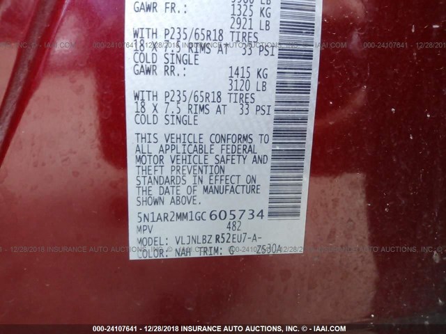 5N1AR2MM1GC605734 - 2016 NISSAN PATHFINDER S/SV/SL/PLATINUM MAROON photo 9