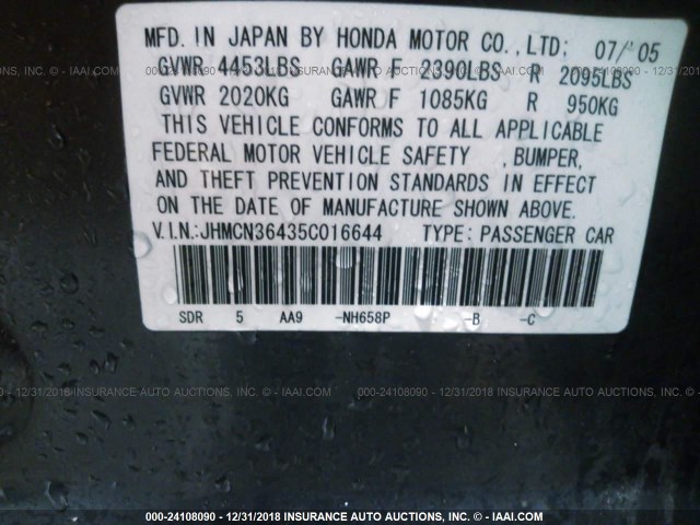 JHMCN36435C016644 - 2005 HONDA ACCORD HYBRID GRAY photo 9