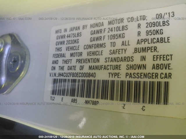 JH4CU2F80EC000840 - 2014 ACURA TSX SE WHITE photo 9