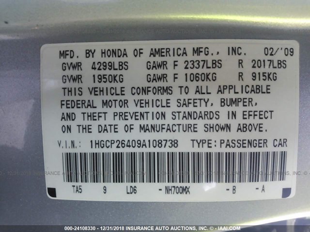 1HGCP26409A108738 - 2009 HONDA ACCORD LXP SILVER photo 9