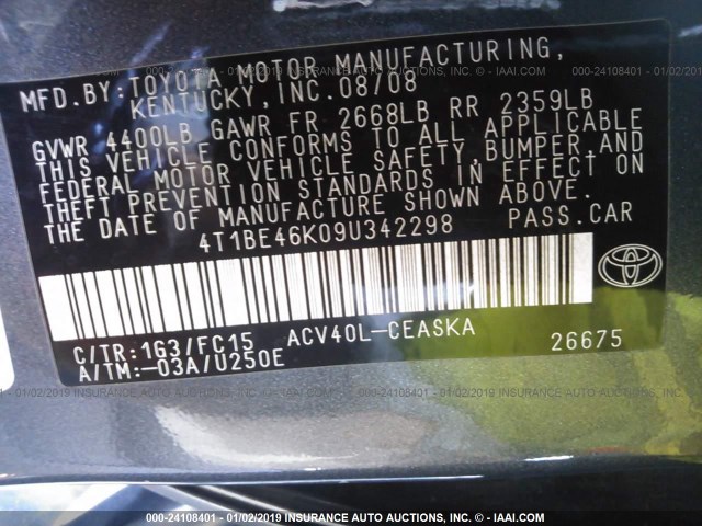 4T1BE46K09U342298 - 2009 TOYOTA CAMRY SE/LE/XLE GRAY photo 9