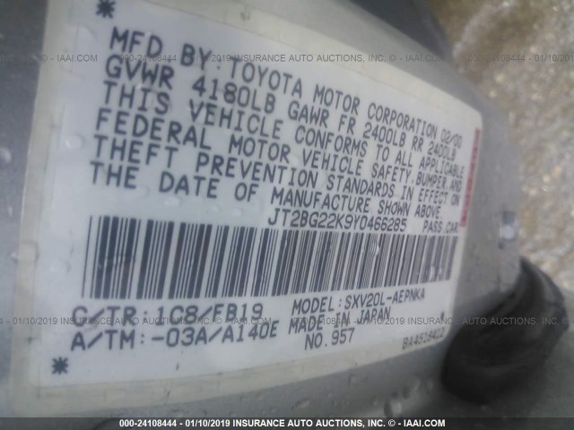 JT2BG22K9Y0466285 - 2000 TOYOTA CAMRY CE/LE/XLE SILVER photo 9