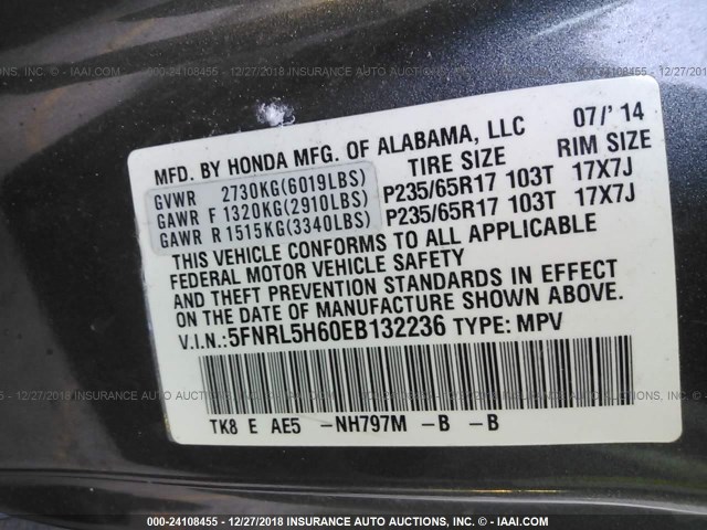 5FNRL5H60EB132236 - 2014 HONDA ODYSSEY EXL GRAY photo 9