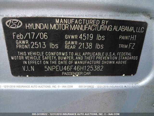 5NPEU46F46H125382 - 2006 HYUNDAI SONATA GLS/LX Light Blue photo 9