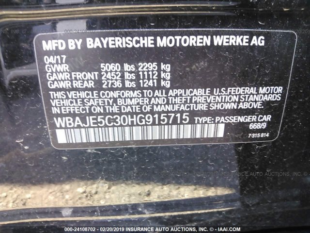 WBAJE5C30HG915715 - 2017 BMW 540 I BLACK photo 9