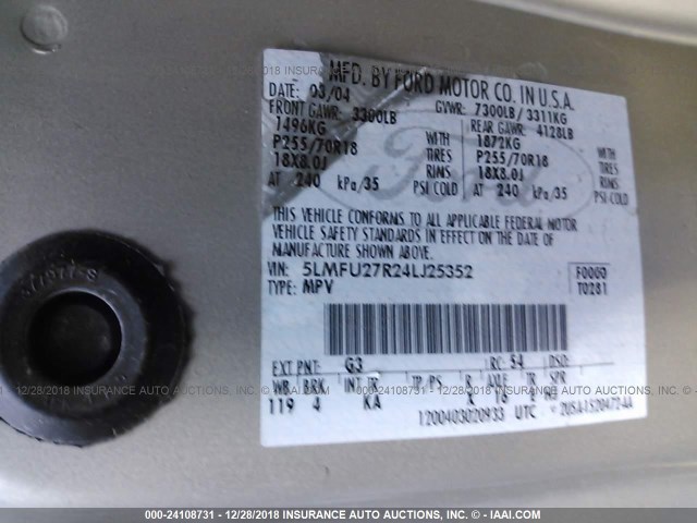 5LMFU27R24LJ25352 - 2004 LINCOLN NAVIGATOR 香槟色 照片 9