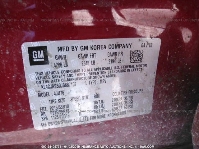 KL4CJASB0JB687107 - 2018 BUICK ENCORE PREFERRED RED photo 9