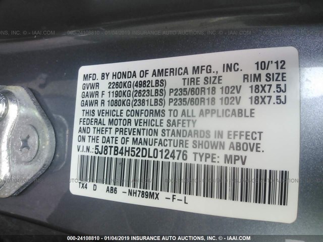 5J8TB4H52DL012476 - 2013 ACURA RDX TECHNOLOGY BLUE photo 9