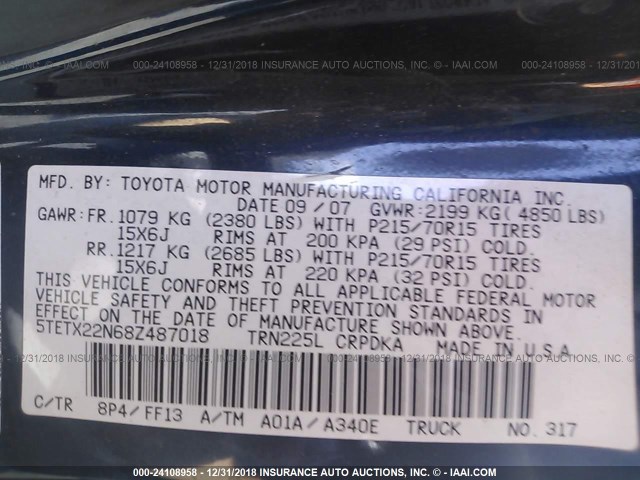 5TETX22N68Z487018 - 2008 TOYOTA TACOMA ACCESS CAB ლურჯი ფოტო 9