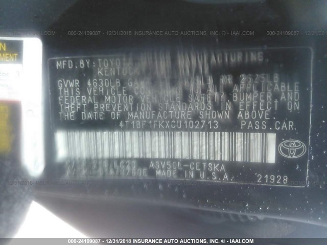 4T1BF1FKXCU102713 - 2012 TOYOTA CAMRY SE/LE/XLE 黑色 照片 9