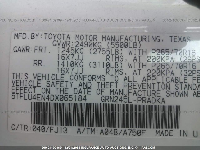 5TFLU4EN4DX065184 - 2013 TOYOTA TACOMA DOUBLE CAB 白色 照片 9