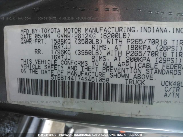 5TBBT44174S451058 - 2004 TOYOTA TUNDRA ACCESS CAB SR5 GRAY photo 9