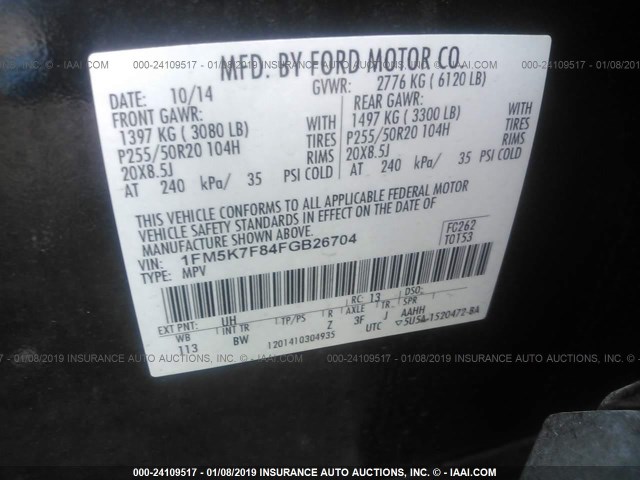 1FM5K7F84FGB26704 - 2015 FORD EXPLORER LIMITED BLACK photo 9